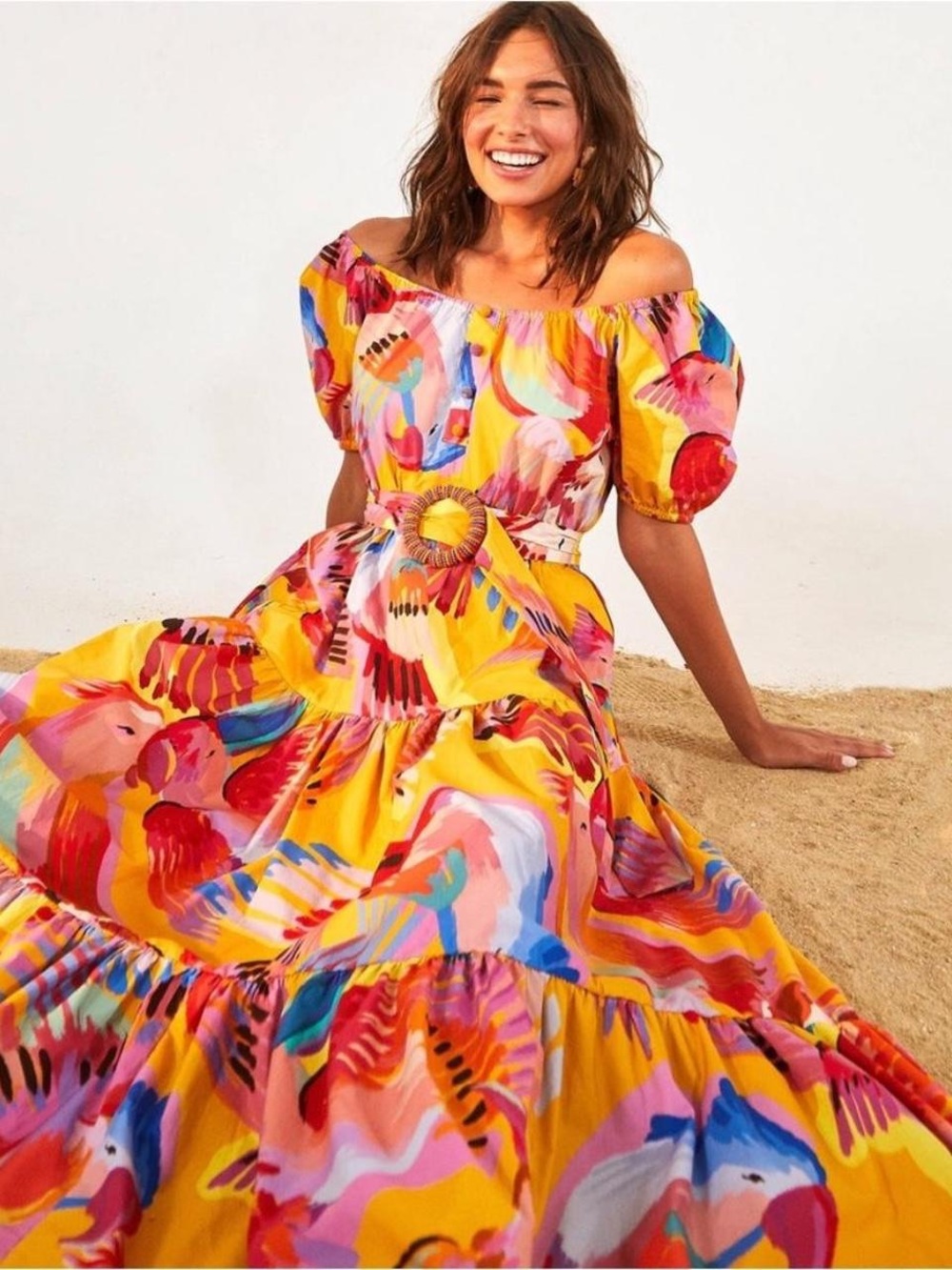 FARM Rio Yellow Multi-Color Off-Shoulder Maxi Dress size Medium EUC
